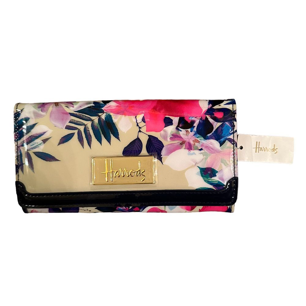 Harrods Glossy Floral Colorful  Zip Around Wallet Credit Card And Zip‎ Coin  NWT